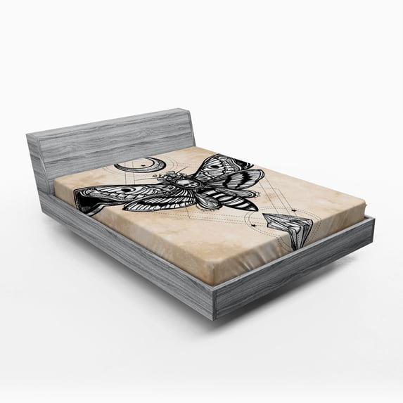 Ambesonne Fantasy Fitted Sheet, Hawk Moth Skull Magic, Full Size, White Black and Cream