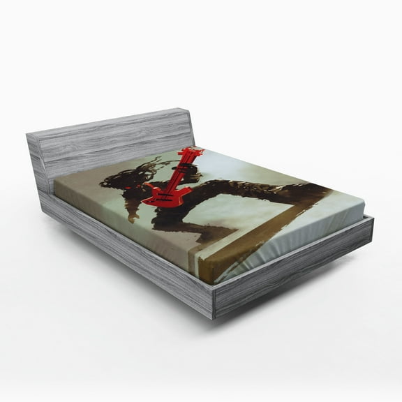 Ambesonne Fantasy Fitted Sheet, Hipster Rocker Guitar, Full Size, Red Grey