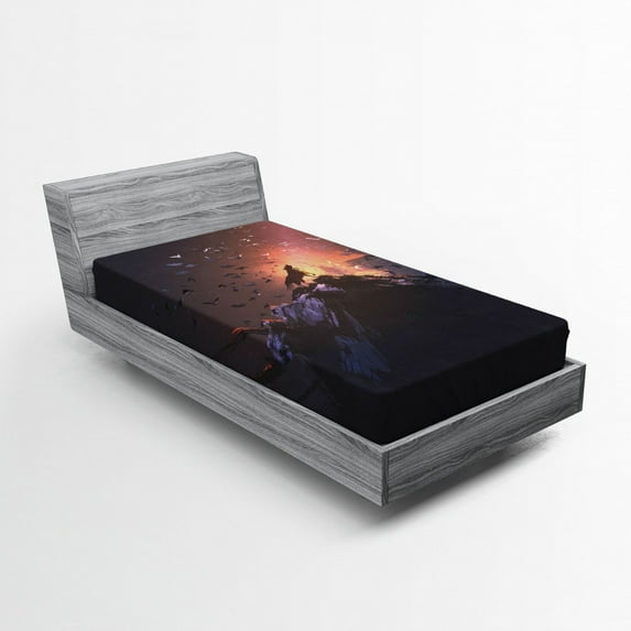 Ambesonne Fantasy Fitted Sheet, Howling Wolf on Rock, Twin Size, Multicolor