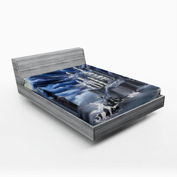 Ambesonne Fantasy Fitted Sheet, Island Castle Full Moon, Queen Size, Dark Blue Grey White