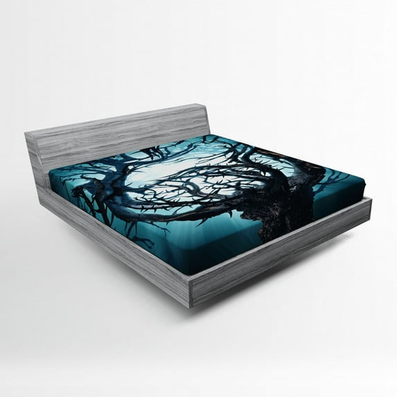 Ambesonne Fantasy Fitted Sheet, Night Big Mystic Tree, Queen Size, Teal White