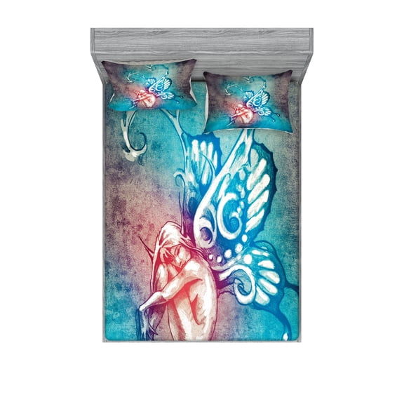 Ambesonne Fantasy Fitted Sheet & Pillow Sham Set, Butterfly Winged, Queen, Blue Purple
