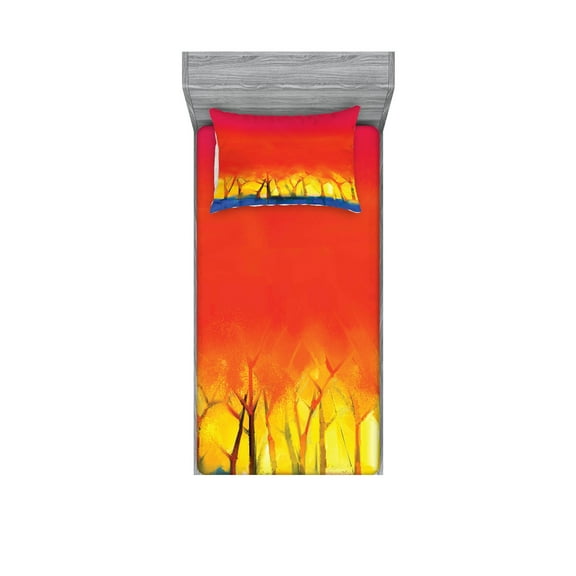 Ambesonne Fantasy Fitted Sheet & Pillow Sham Set, Colorful Abstract Tree, Twin, Fuchsia Orange