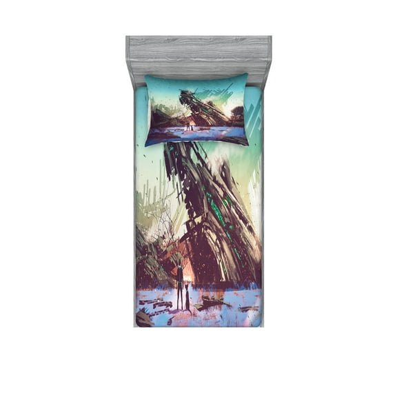 Ambesonne Fantasy Fitted Sheet & Pillow Sham Set, Crashed Spaceship Art, Twin, Blue Green