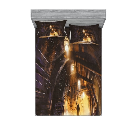 Ambesonne Fantasy Fitted Sheet & Pillow Sham Set, Dark Rock Smokey, Queen, Orange Purple