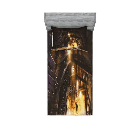 Ambesonne Fantasy Fitted Sheet & Pillow Sham Set, Dark Rock Smokey, Twin, Orange Purple