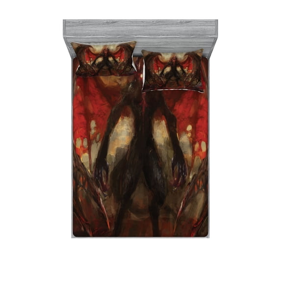 Ambesonne Fantasy Fitted Sheet & Pillow Sham Set, Devil Wings Themed Design, Full, Red Grey