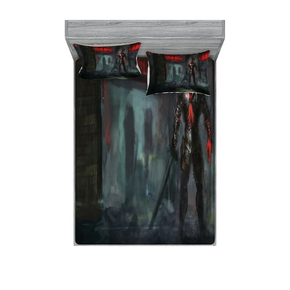 Ambesonne Fantasy Fitted Sheet & Pillow Sham Set, Fantasy Building Gothic, Queen, Grey and Red