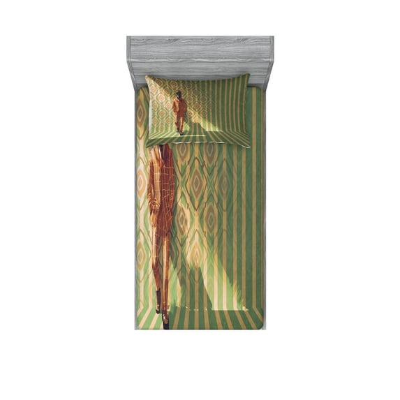 Ambesonne Fantasy Fitted Sheet & Pillow Sham Set, Fashion Retro Art, Twin, Orange Green