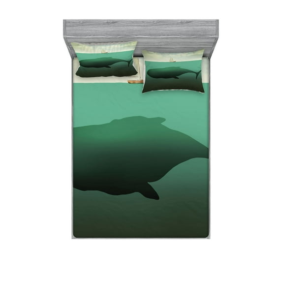 Ambesonne Fantasy Fitted Sheet & Pillow Sham Set, Giant Whale Sailboat, Full, Green Beige