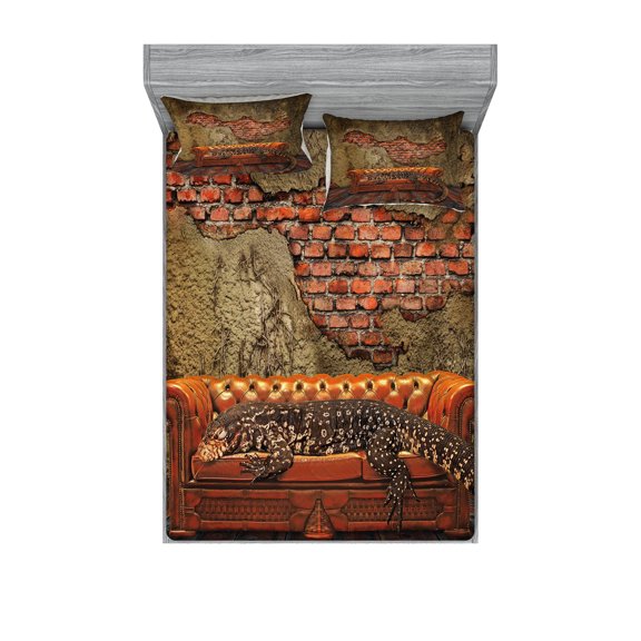 Ambesonne Fantasy Fitted Sheet & Pillow Sham Set, Grunge Brick Wall, Queen, Vermilion Umber