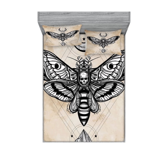 Ambesonne Fantasy Fitted Sheet & Pillow Sham Set, Hawk Moth Skull Magic, Full, White Black and Cream