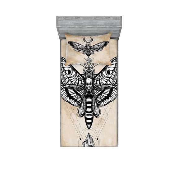 Ambesonne Fantasy Fitted Sheet & Pillow Sham Set, Hawk Moth Skull Magic, Twin, White Black and Cream
