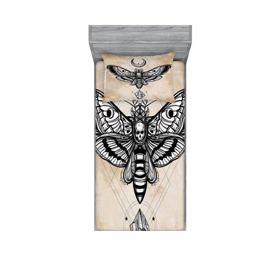 Ambesonne Fantasy Fitted Sheet & Pillow Sham Set, Hawk Moth Skull Magic, Twinxl, White Black and Cream