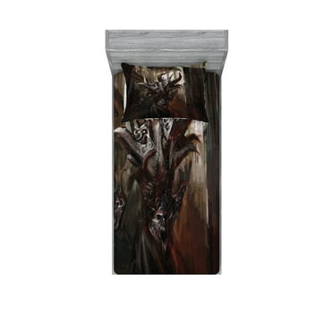 Ambesonne Fantasy Fitted Sheet & Pillow Sham Set, Knight Fantasy Theme, Twin, Red Grey