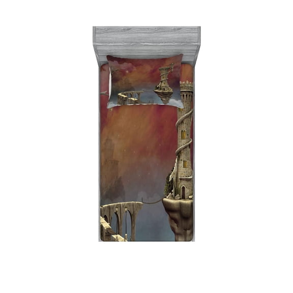 Ambesonne Fantasy Fitted Sheet & Pillow Sham Set, Medieval Castle, Twin, Burnt Sienna Blue and Tan