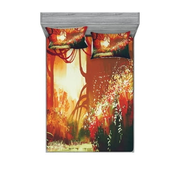 Ambesonne Fantasy Fitted Sheet & Pillow Sham Set, Modern Autumn Forest, Queen, Orange Green