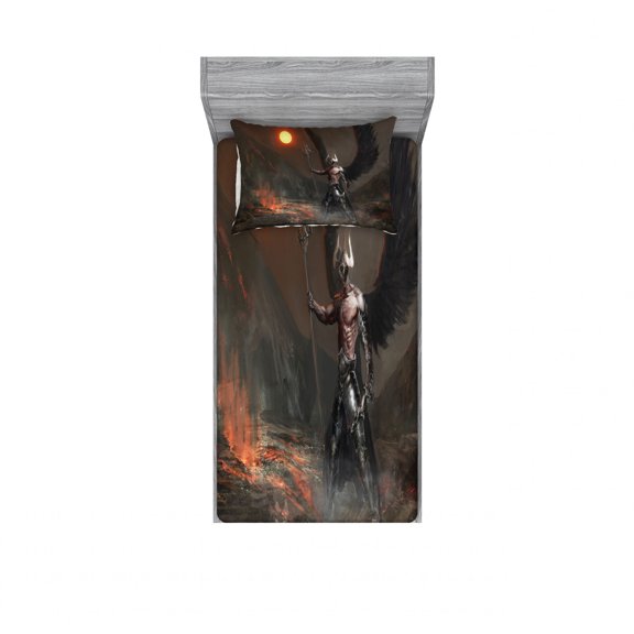 Ambesonne Fantasy Fitted Sheet & Pillow Sham Set, Necromancer Knight Wings, Twinxl, Yellow and Brown