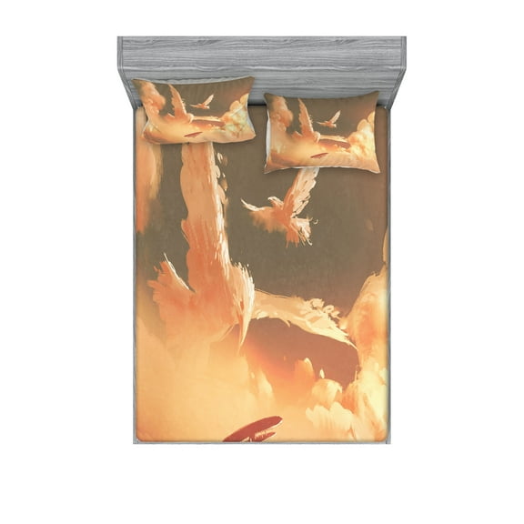 Ambesonne Fantasy Fitted Sheet & Pillow Sham Set, Plane in Sunset Cloud, Full, Cream Blue