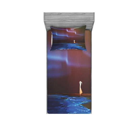 Ambesonne Fantasy Fitted Sheet & Pillow Sham Set, Psychedelic Sky Star, Twinxl, Blue Purple