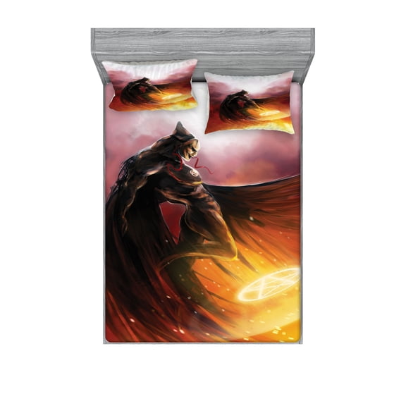 Ambesonne Fantasy Fitted Sheet & Pillow Sham Set, Superhero Theme Magic, Full, Yellow and Red