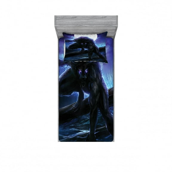 Ambesonne Fantasy Fitted Sheet & Pillow Sham Set, Surreal Werewolf Eyes, Twin, Purple Blue