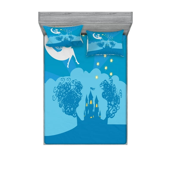 Ambesonne Fantasy Fitted Sheet & Pillow Sham Set, Tale Cartoon Girl, Full, White Blue
