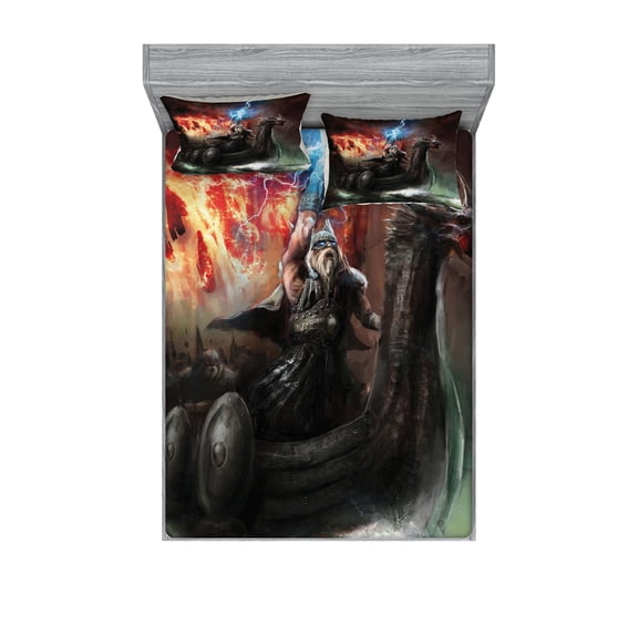 Ambesonne Fantasy Fitted Sheet & Pillow Sham Set, Thunder Storm Vikings, Full, Grey Orange