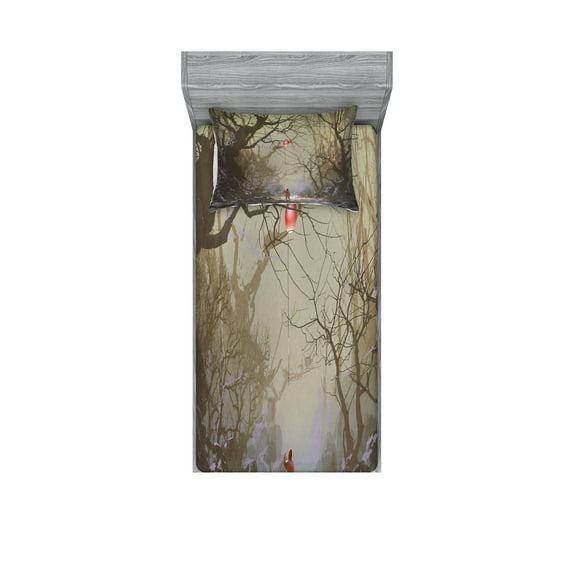 Ambesonne Fantasy Fitted Sheet & Pillow Sham Set, Tree Branch in Forest, Twinxl, Brown