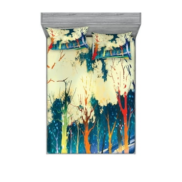 Ambesonne Fantasy Fitted Sheet & Pillow Sham Set, Trees Fiction Forest, Full, Multicolor