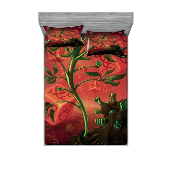 Ambesonne Fantasy Fitted Sheet & Pillow Sham Set, Trippy Surreal Cubes, Queen, Scarlet Green