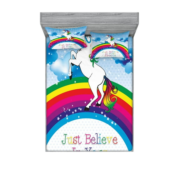 Ambesonne Fantasy Fitted Sheet & Pillow Sham Set, Unicorn Rainbow Fantasy, Calking, Multicolor