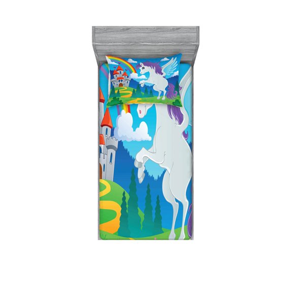 Ambesonne Fantasy Fitted Sheet & Pillow Sham Set, Unicorn with Rainbow, Twinxl, Multicolor