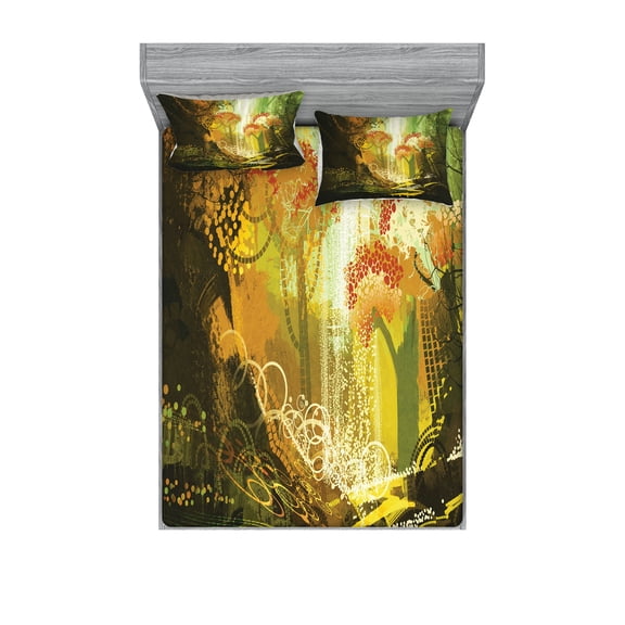 Ambesonne Fantasy Fitted Sheet & Pillow Sham Set, Vivid Autumn Season, Full, Multicolor