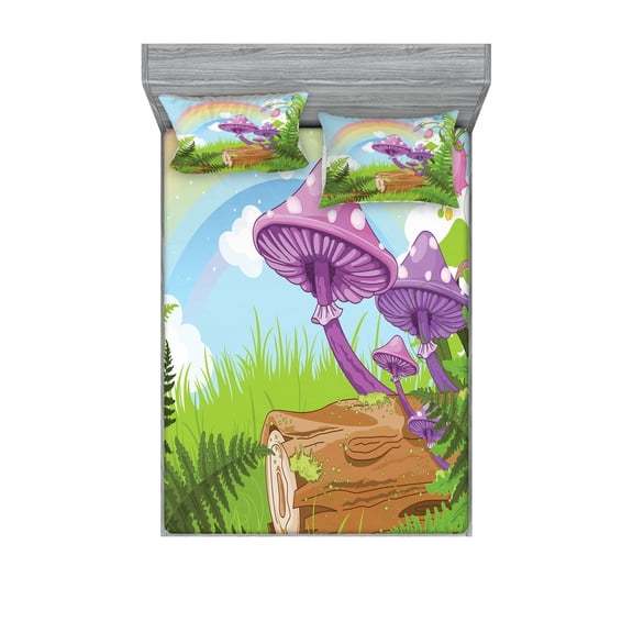 Ambesonne Fantasy Fitted Sheet & Pillow Sham Set, Woods Grass Cartoon Art, Queen, Multicolor