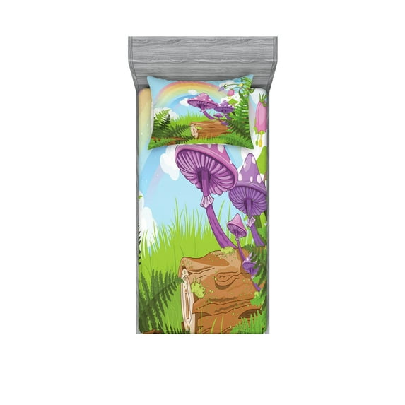 Ambesonne Fantasy Fitted Sheet & Pillow Sham Set, Woods Grass Cartoon Art, Twin, Multicolor