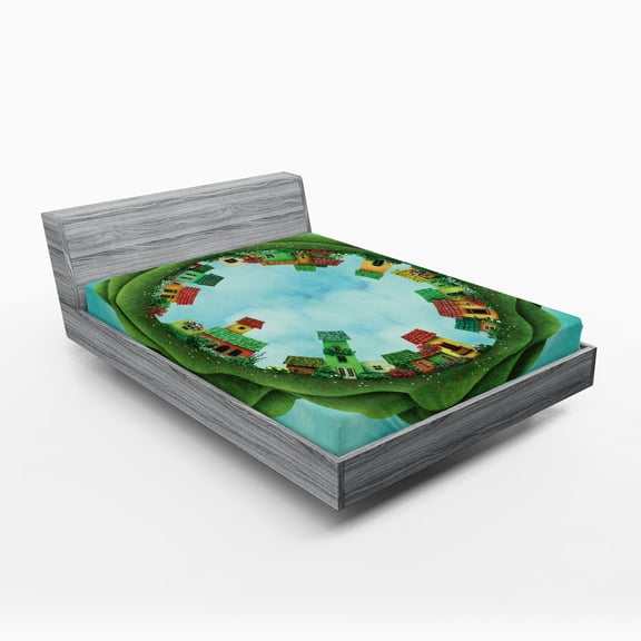 Ambesonne Fantasy Fitted Sheet, Small Town Round Art, Queen Size, Green and Blue