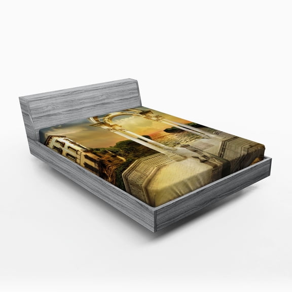 Ambesonne Fantasy Fitted Sheet, Surreal Bridge Gateway, Full Size, White Pale Yellow Green