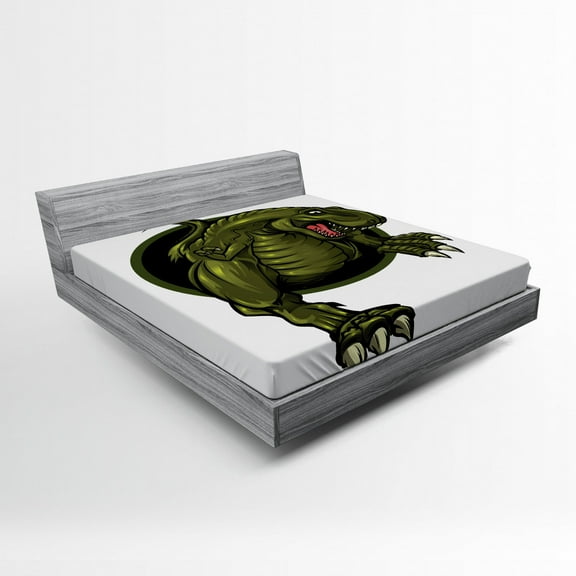 Ambesonne Fantasy Fitted Sheet, T-rex Animal, Queen Size, Olive Green Brown