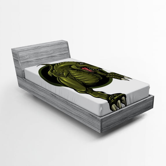 Ambesonne Fantasy Fitted Sheet, T-rex Animal, Twin Size, Olive Green Brown