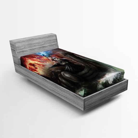 Ambesonne Fantasy Fitted Sheet, Thunder Storm Vikings, Twin Size, Grey Orange