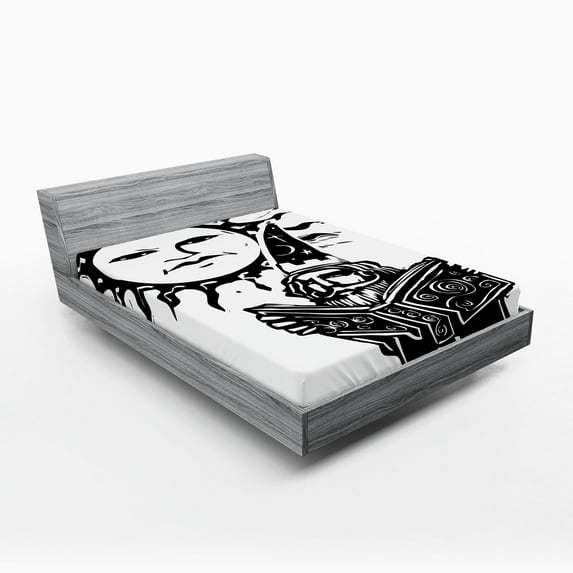 Ambesonne Fantasy Fitted Sheet, Wizard with Magic Book, Full Size, White Black