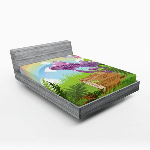 Ambesonne Fantasy Fitted Sheet, Woods Grass Cartoon Art, Queen Size, Multicolor