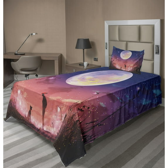 Ambesonne Fantasy Fitted & Top Sheet Set with Sham, Dog Under Huge Moon, Navy Coral