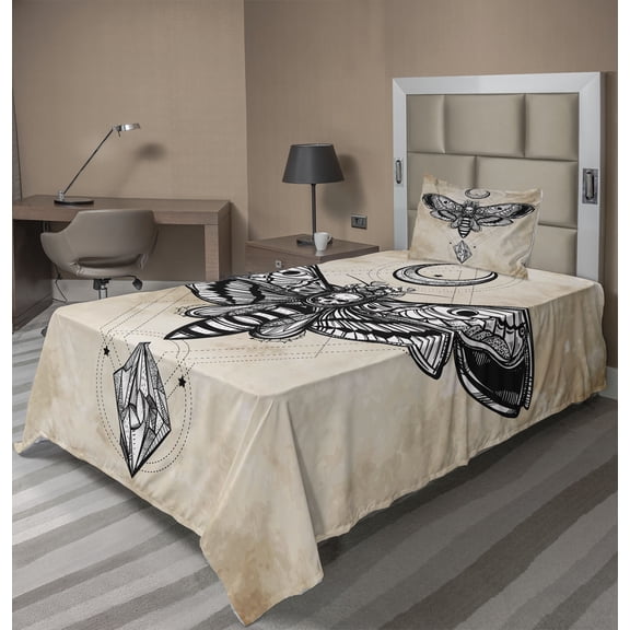 Ambesonne Fantasy Fitted & Top Sheet Set with Sham, Hawk Moth Skull Magic, White Black and Cream