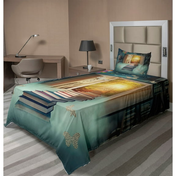 Ambesonne Fantasy Fitted & Top Sheet Set with Sham, Magic Book and Animals, Teal and Yellow