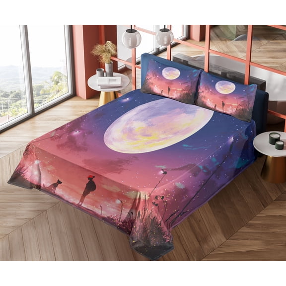 Ambesonne Fantasy Fitted & Top Sheet Set with Shams, Dog Under Huge Moon, Navy Coral