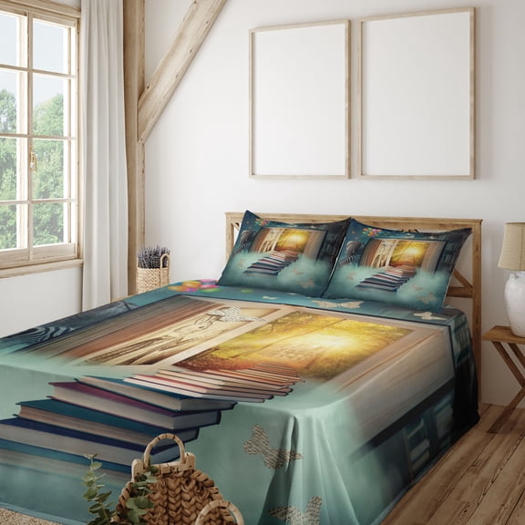 Ambesonne Fantasy Fitted & Top Sheet Set with Shams, Magic Book and Animals, Teal and Yellow