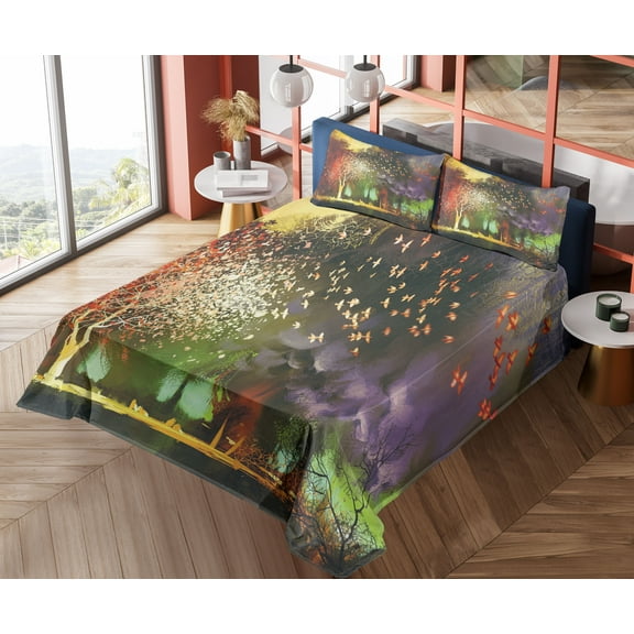 Ambesonne Fantasy Fitted & Top Sheet Set with Shams, Mysterious Trees Birds, Yellow Purple