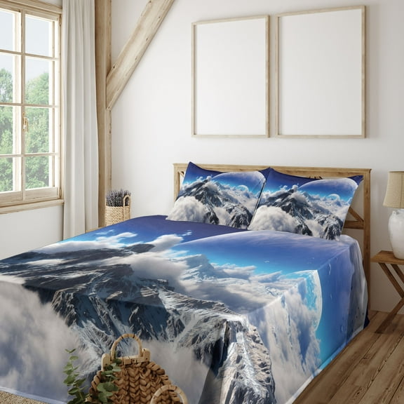 Ambesonne Fantasy Fitted & Top Sheet Set with Shams, Snow Capped Mountain, White and Navy Blue